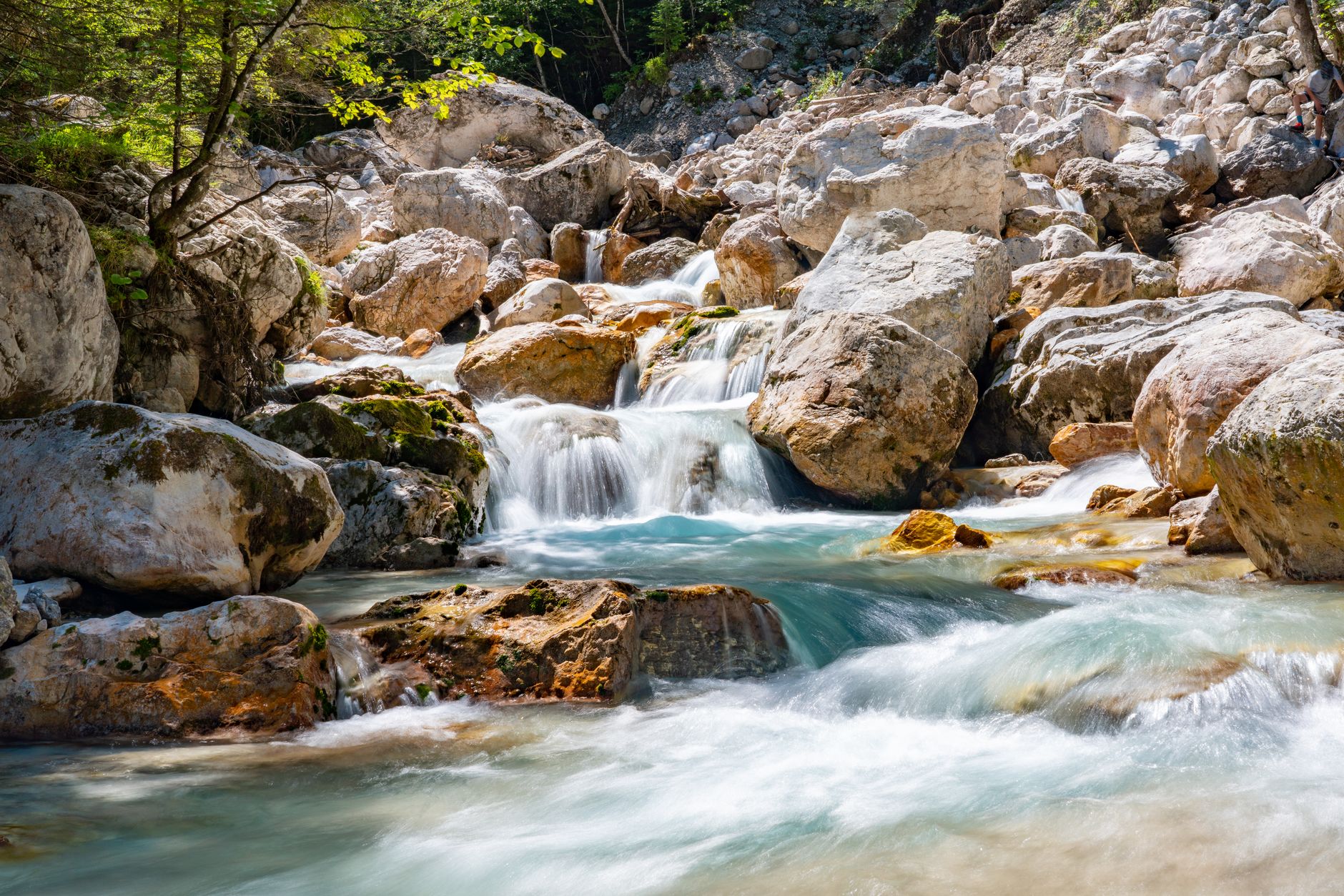 Tranquil mountain creek cascading over smooth rocks in lush forest setting.